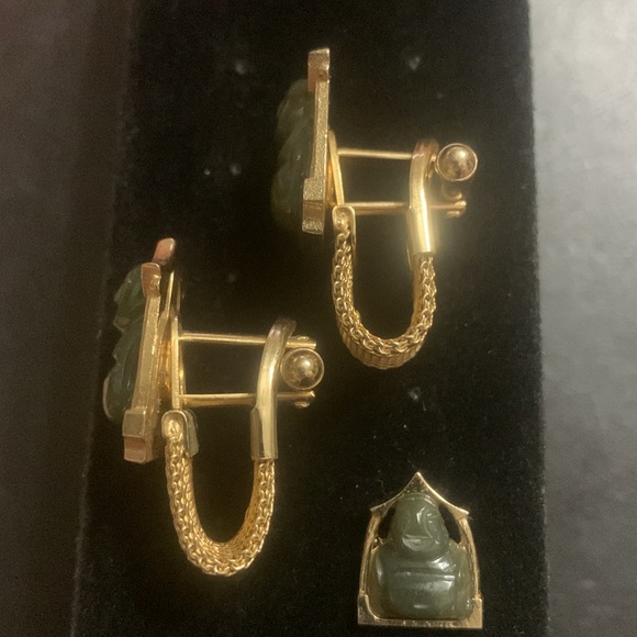 Vintage Jade Buddha Gold Cufflinks W/ matching Tie Pin .. VERY DISTINGUISHED!! - Picture 5 of 6